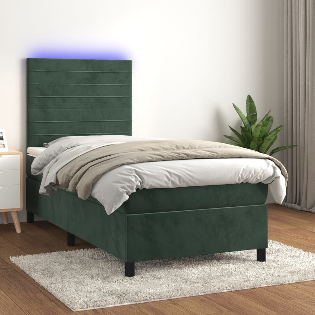 Κρεβάτι Boxspring με Στρώμα & LED Σκ. Πράσινο 90x200 εκ Βελούδο
