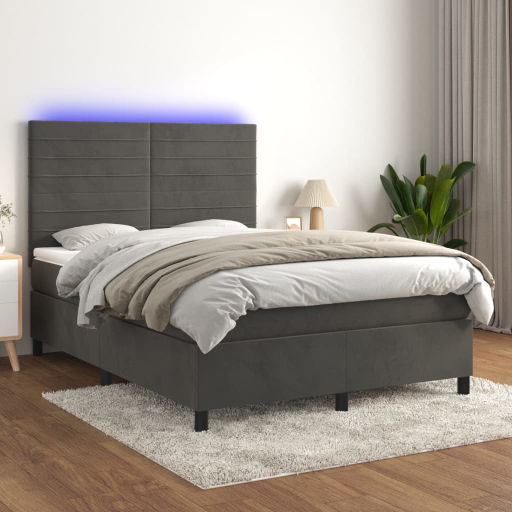 Κρεβάτι Boxspring με Στρώμα & LED Σκ. Γκρι 140x190εκ. Βελούδινο