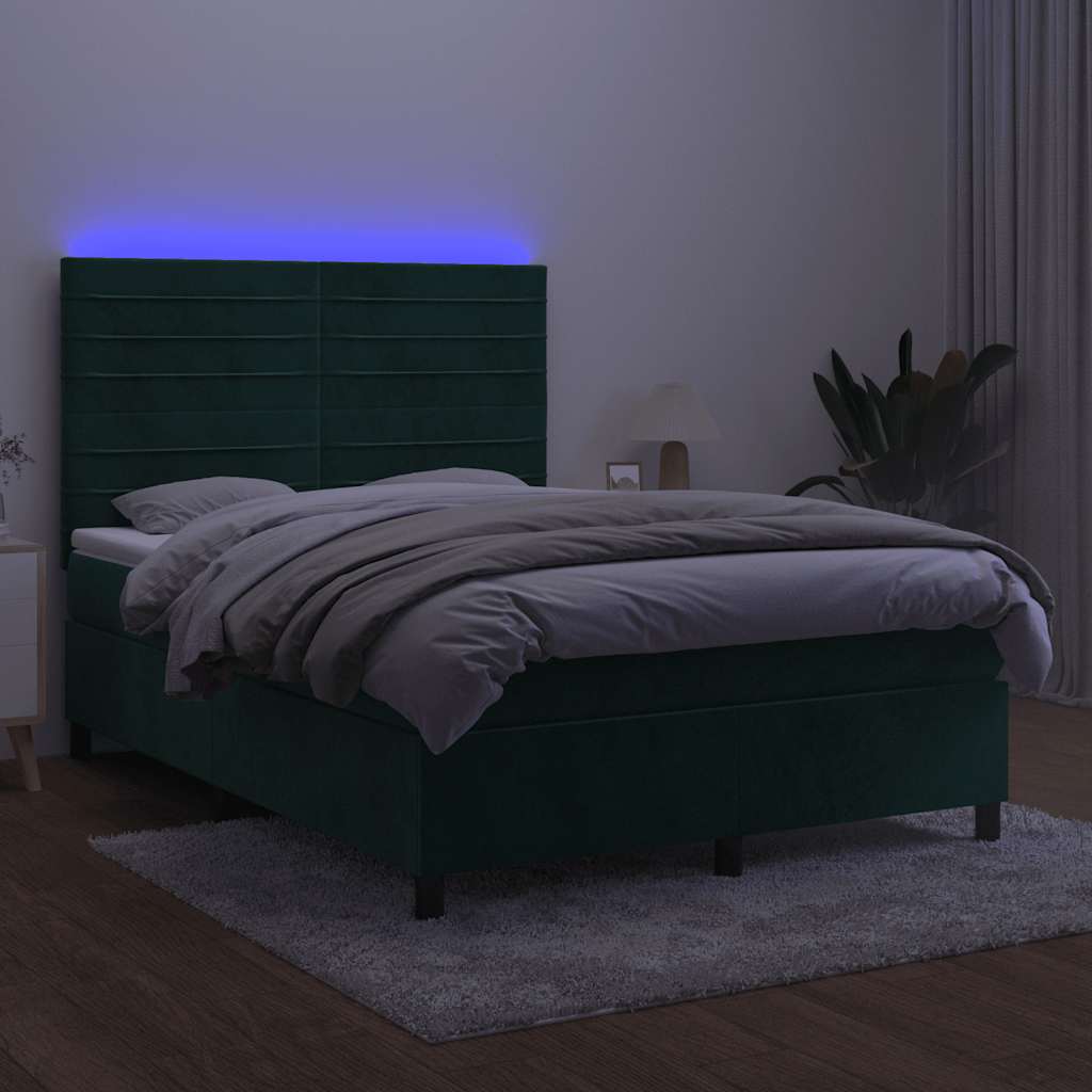 Κρεβάτι Boxspring με Στρώμα & LED Σκ. Πράσινο 140x190εκ Βελούδο