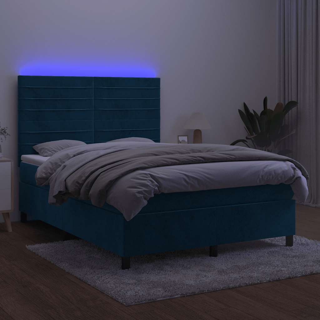 Κρεβάτι Boxspring με Στρώμα & LED Σκ. Μπλε 140x190εκ. Βελούδινο