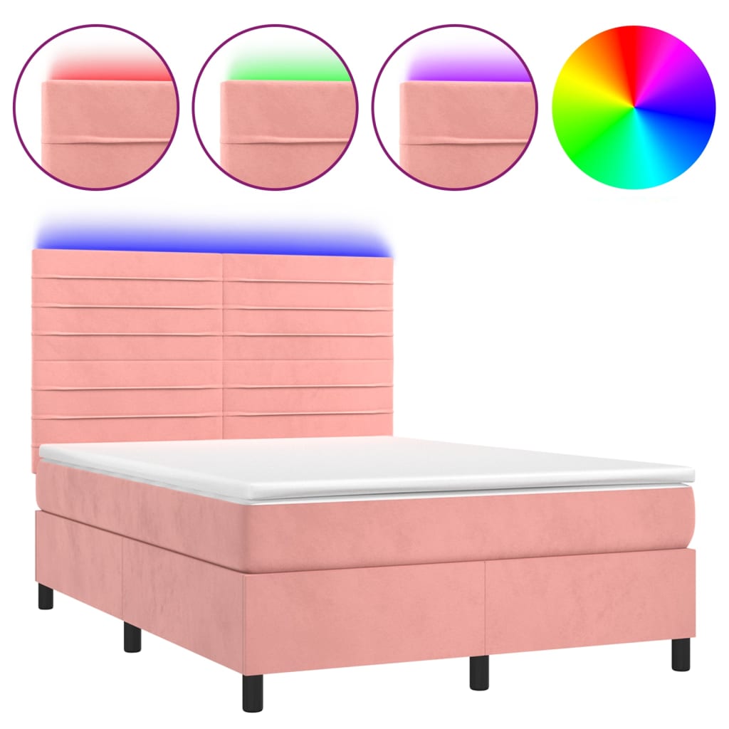 Κρεβάτι Boxspring με Στρώμα & LED Ροζ 140x190 εκ. Βελούδινο