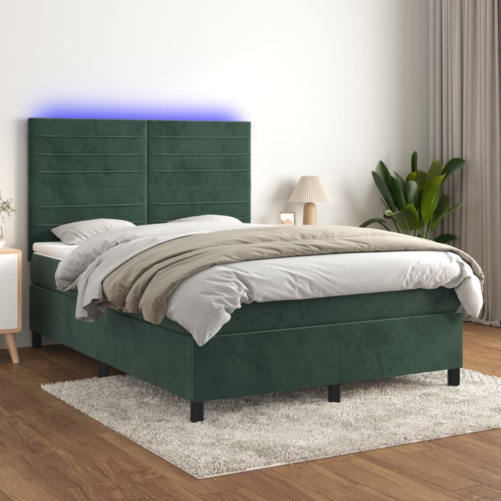 Κρεβάτι Boxspring με Στρώμα & LED Σκ. Πράσινο 140x200εκ Βελούδο