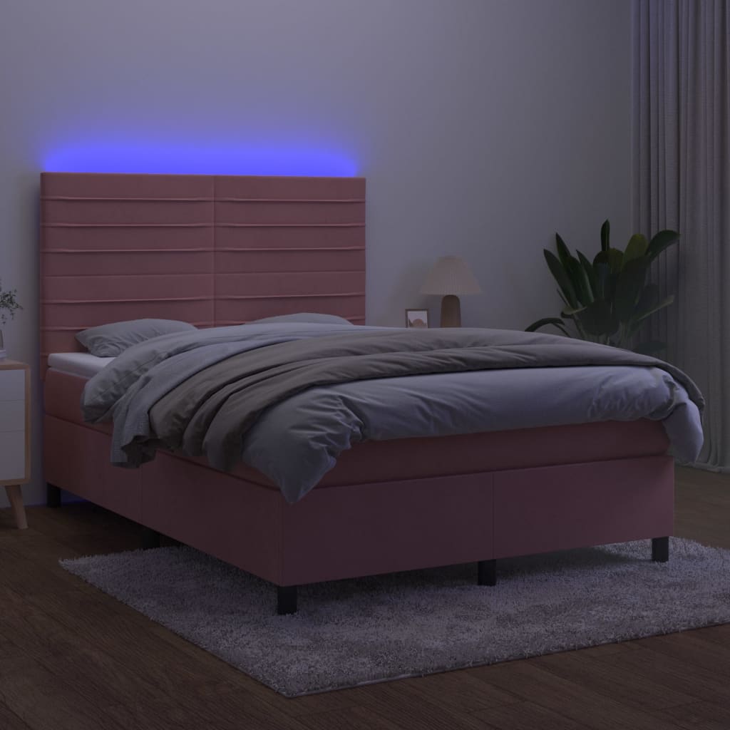Κρεβάτι Boxspring με Στρώμα & LED Ροζ 140x200 εκ. Βελούδινο