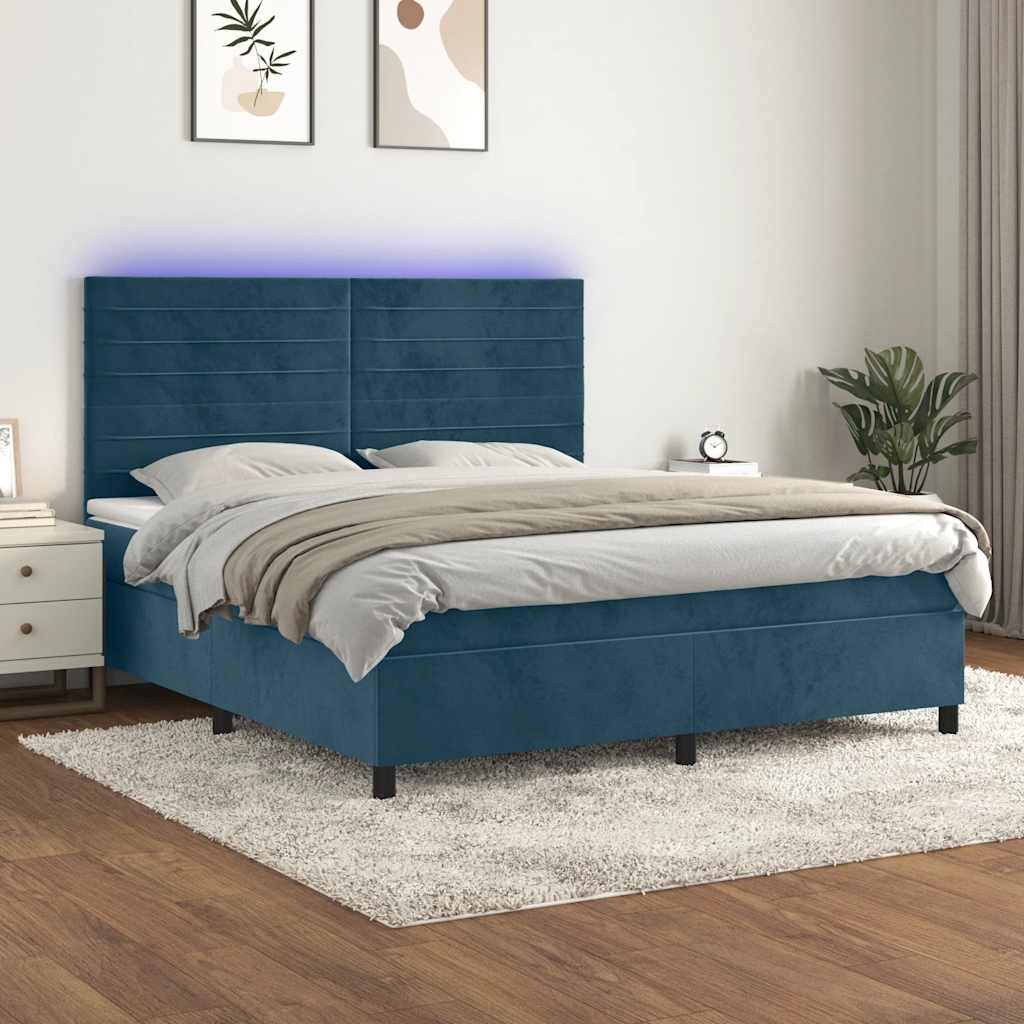 Κρεβάτι Boxspring με Στρώμα & LED Σκ. Μπλε 160x200εκ. Βελούδινο