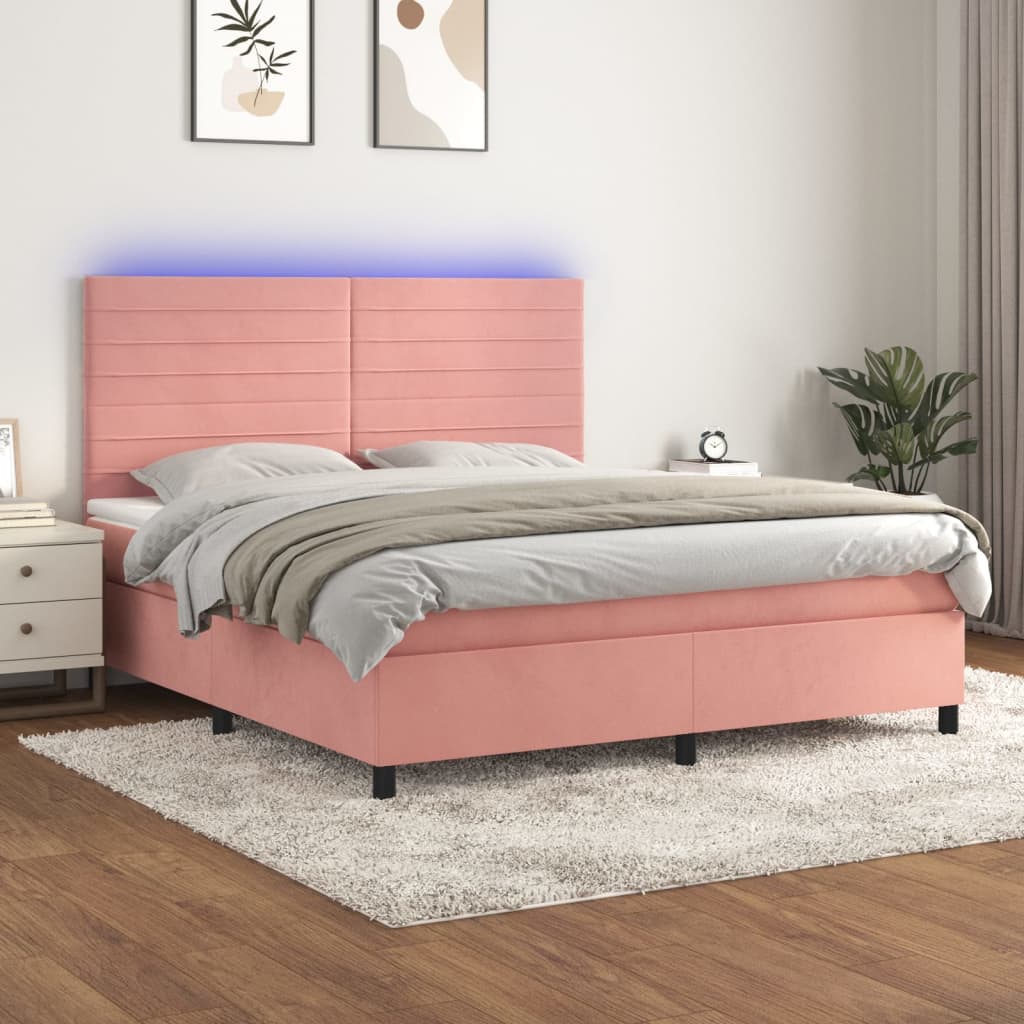 Κρεβάτι Boxspring με Στρώμα & LED Ροζ 160x200 εκ. Βελούδινο