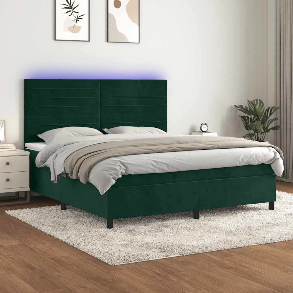 Κρεβάτι Boxspring με Στρώμα & LED Σκ. Πράσινο 180x200εκ Βελούδο