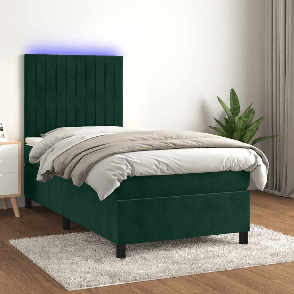 Κρεβάτι Boxspring με Στρώμα & LED Σκ. Πράσινο 90x190 εκ Βελούδο