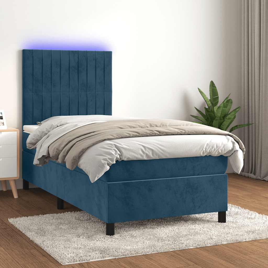 Κρεβάτι Boxspring με Στρώμα & LED Σκ. Μπλε 90x200 εκ. Βελούδινο