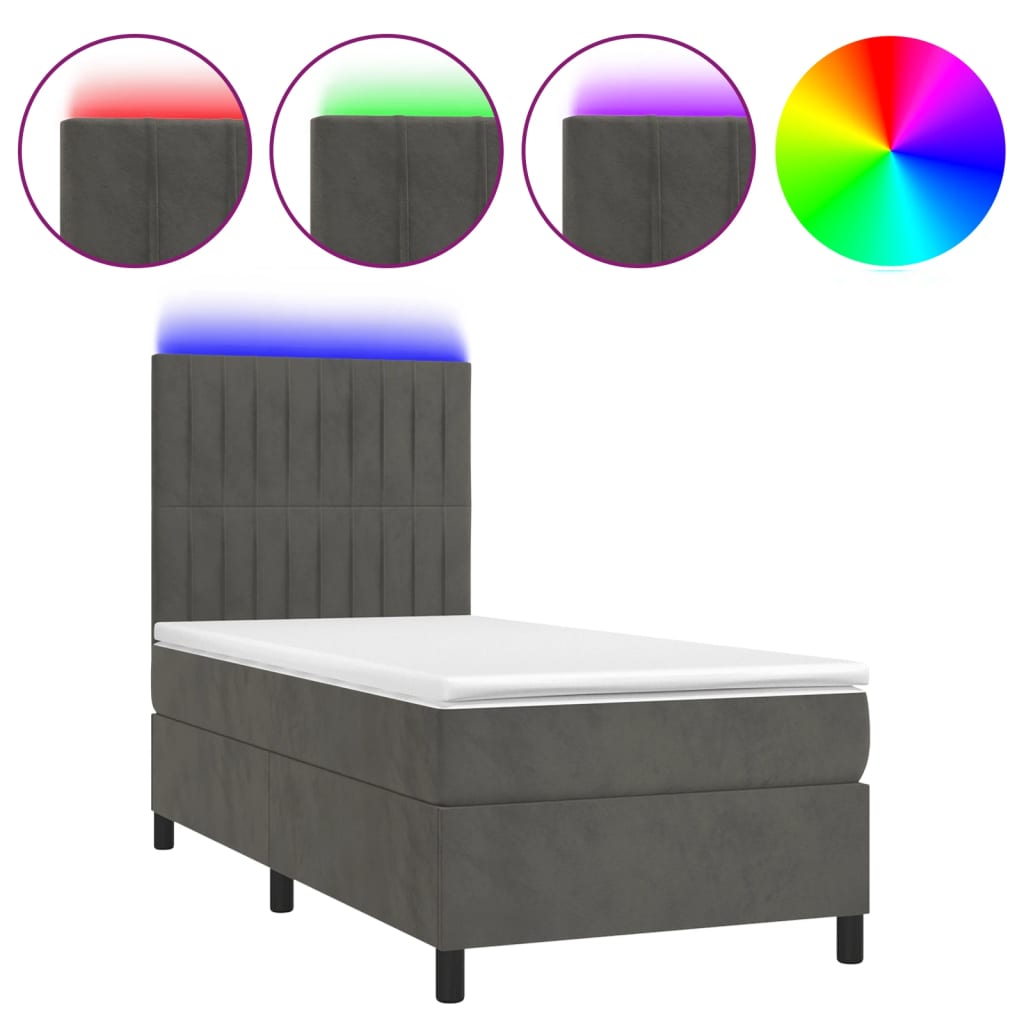 Κρεβάτι Boxspring με Στρώμα & LED Σκ. Γκρι 100x200εκ. Βελούδινο