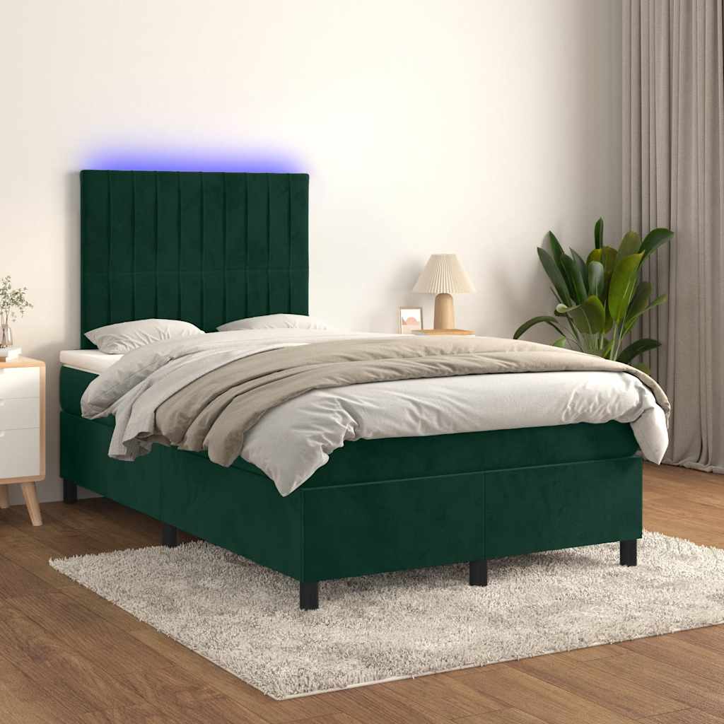 Κρεβάτι Boxspring με Στρώμα & LED Σκ. Πράσινο 120x200εκ Βελούδο