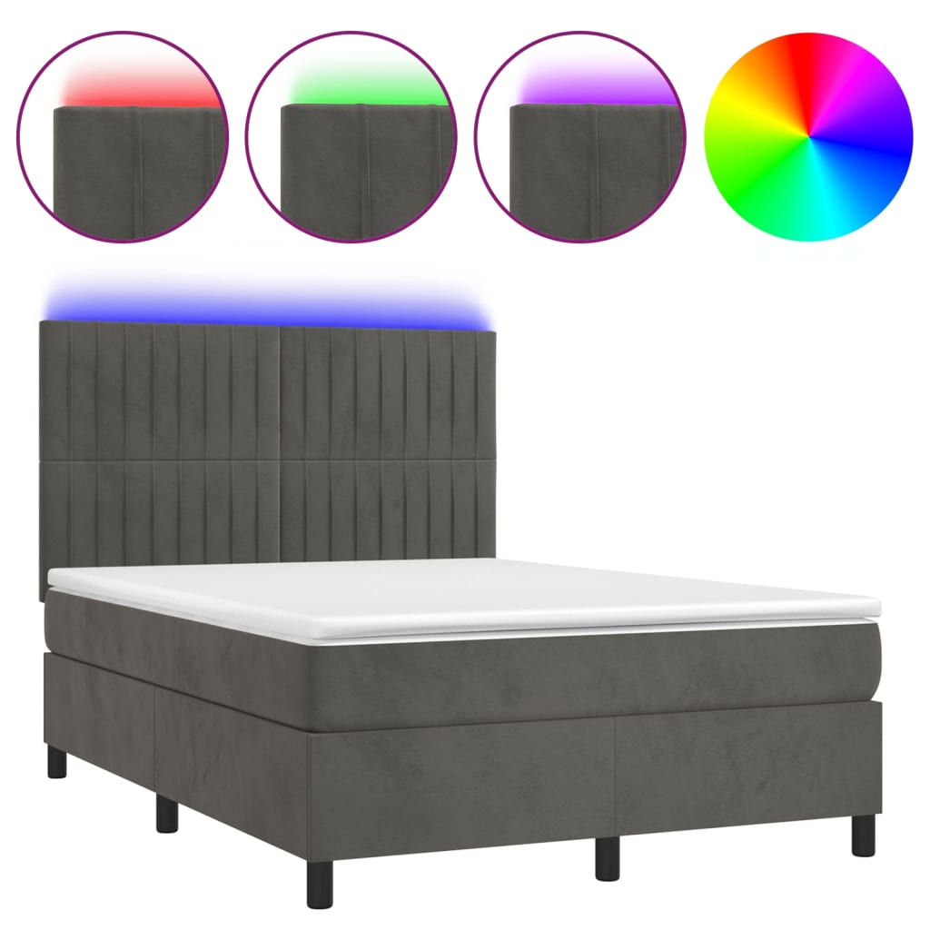 Κρεβάτι Boxspring με Στρώμα & LED Σκ. Γκρι 140x190εκ. Βελούδινο