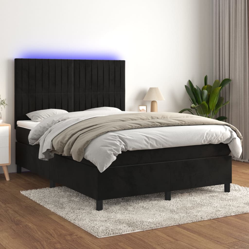 Κρεβάτι Boxspring με Στρώμα & LED Μαύρο 140x190 εκ. Βελούδινο