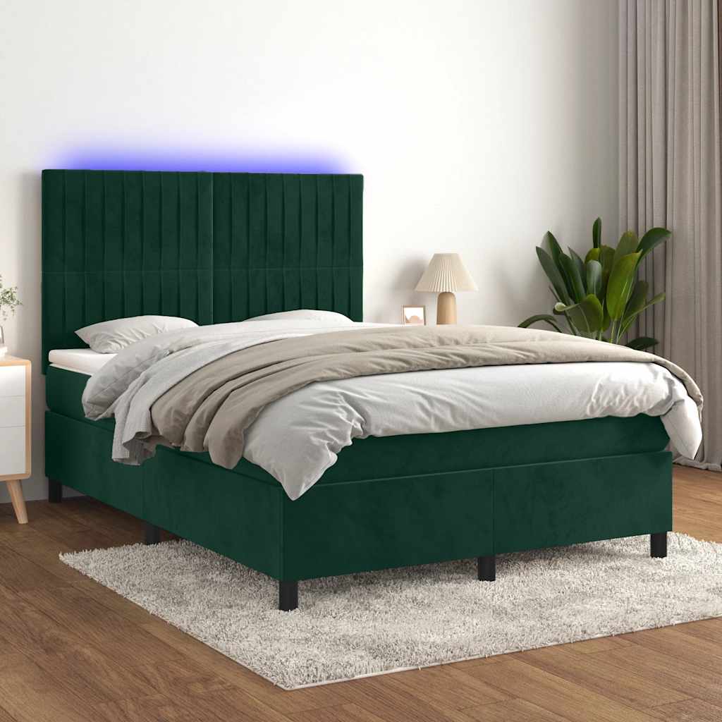 Κρεβάτι Boxspring με Στρώμα & LED Σκ. Πράσινο 140x190εκ Βελούδο