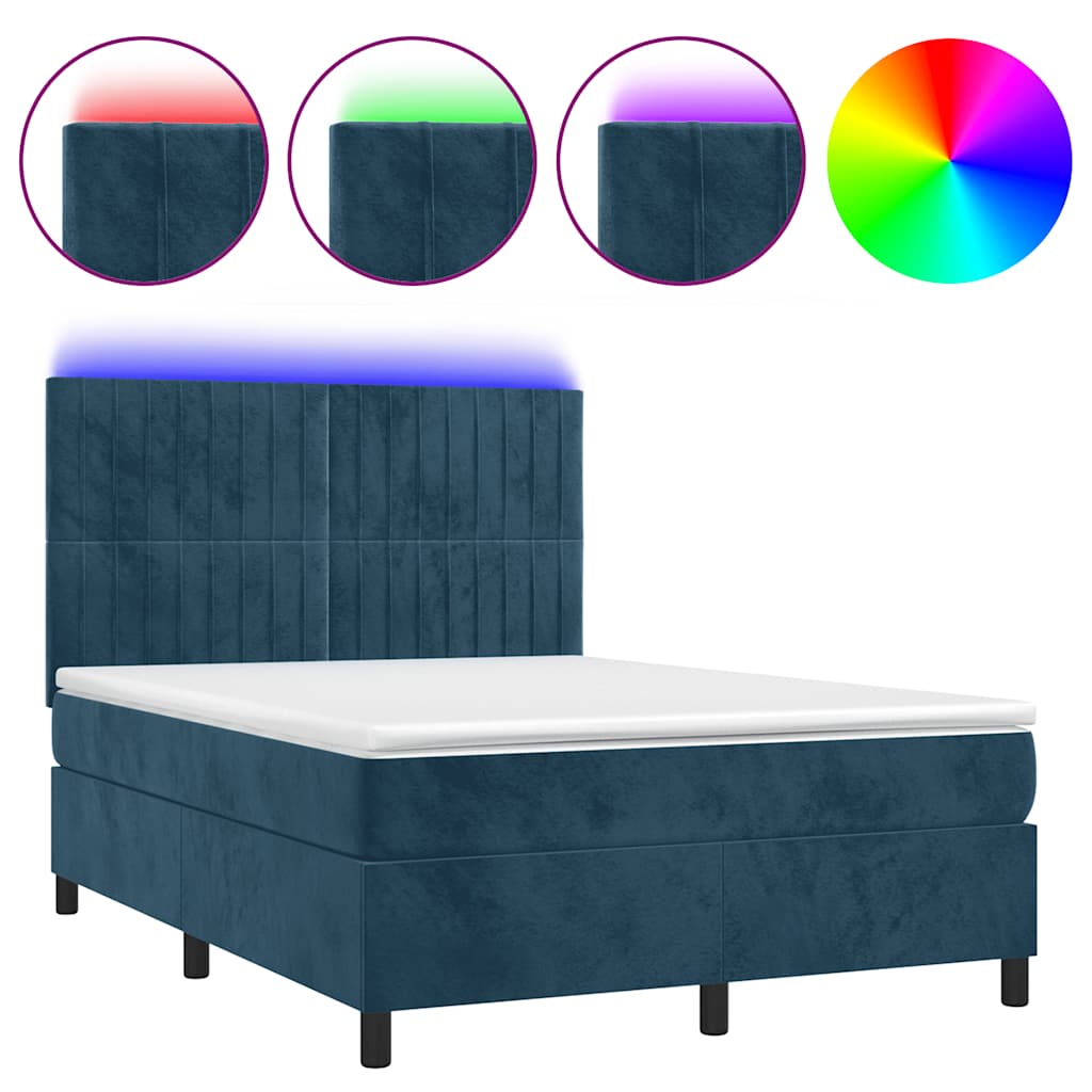 Κρεβάτι Boxspring με Στρώμα & LED Σκ. Μπλε 140x190εκ. Βελούδινο