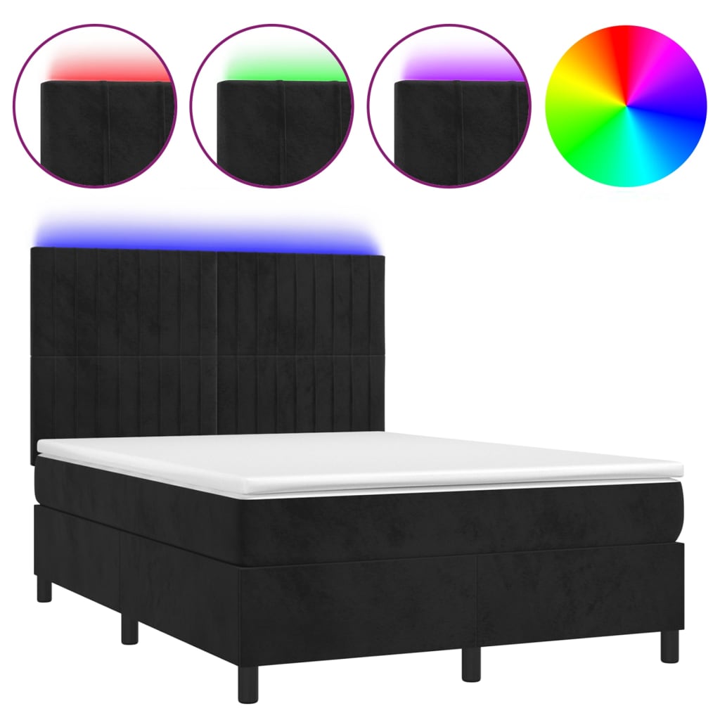 Κρεβάτι Boxspring με Στρώμα & LED Μαύρο 140x200 εκ. Βελούδινο