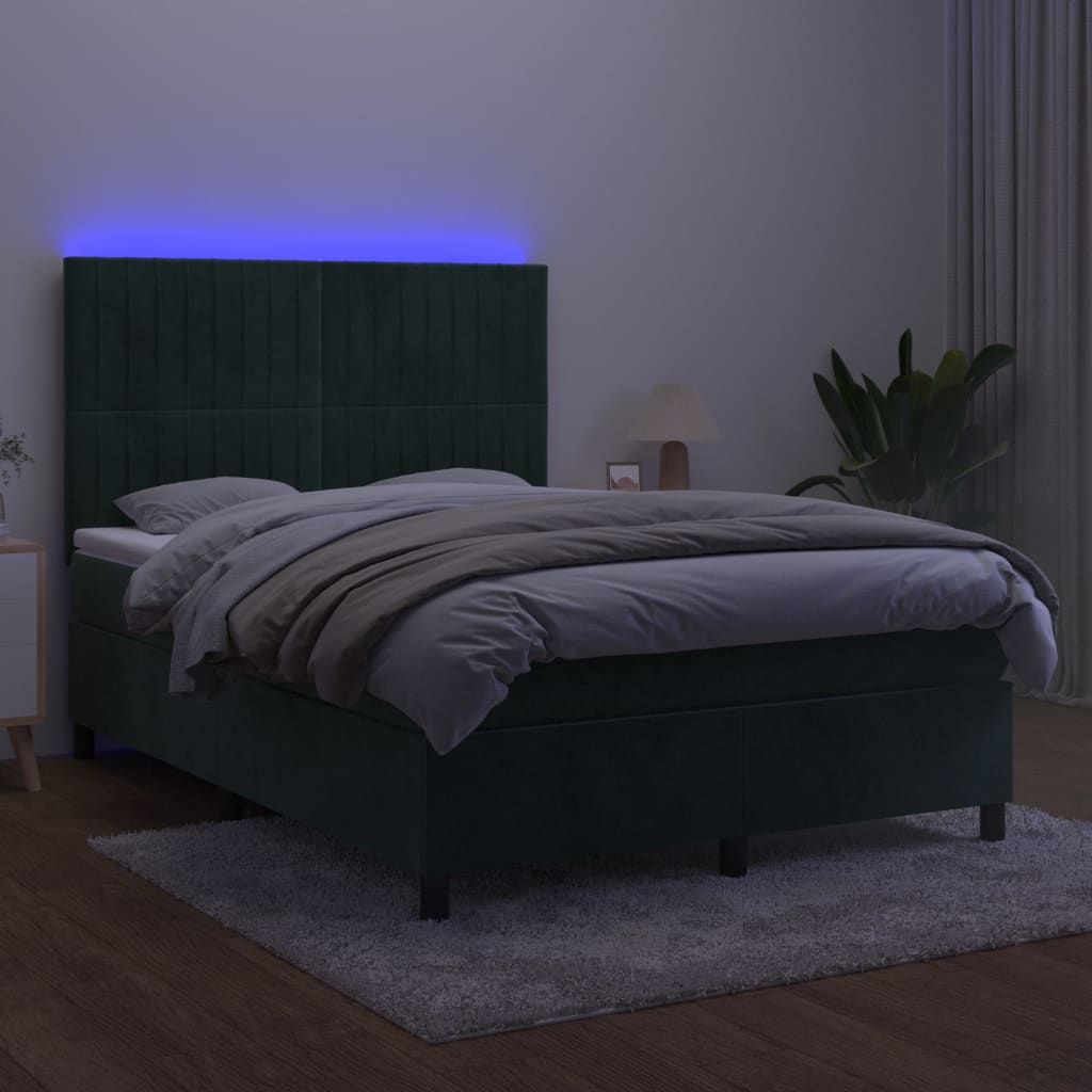 Κρεβάτι Boxspring με Στρώμα & LED Σκ. Πράσινο 140x200εκ Βελούδο