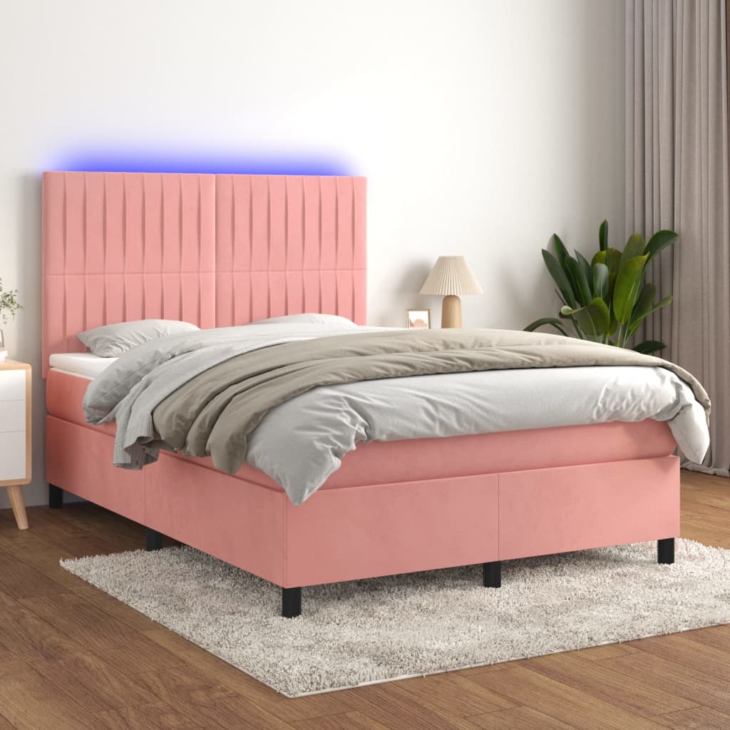 Κρεβάτι Boxspring με Στρώμα & LED Ροζ 140x200 εκ. Βελούδινο
