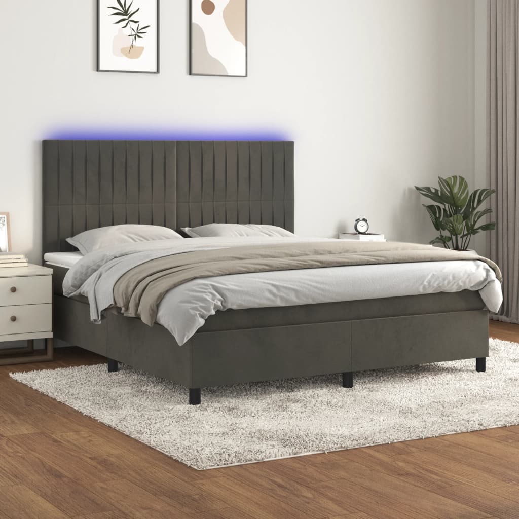 Κρεβάτι Boxspring με Στρώμα & LED Σκ. Γκρι 160x200εκ. Βελούδινο