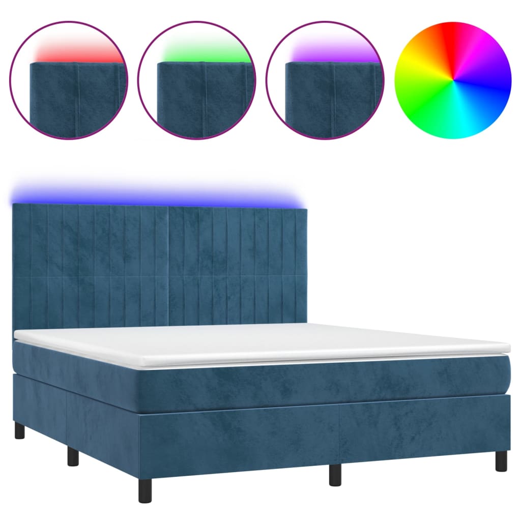 Κρεβάτι Boxspring με Στρώμα & LED Σκ. Μπλε 160x200εκ. Βελούδινο