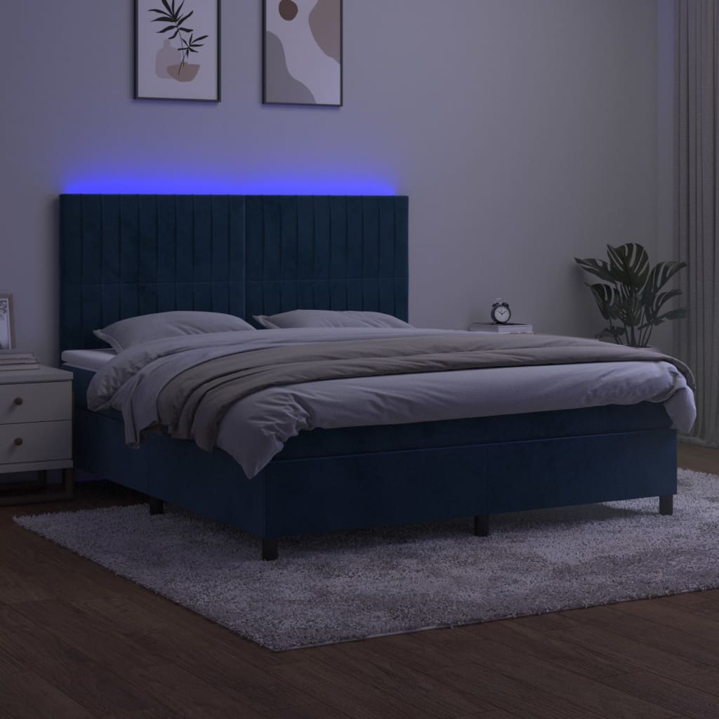 Κρεβάτι Boxspring με Στρώμα & LED Σκ. Μπλε 160x200εκ. Βελούδινο