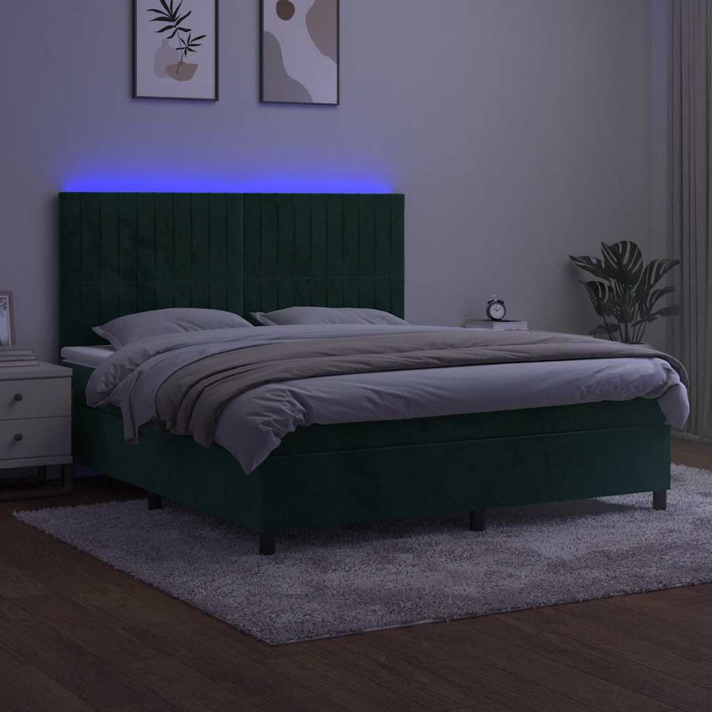 Κρεβάτι Boxspring με Στρώμα & LED Σκ. Πράσινο 180x200εκ Βελούδο