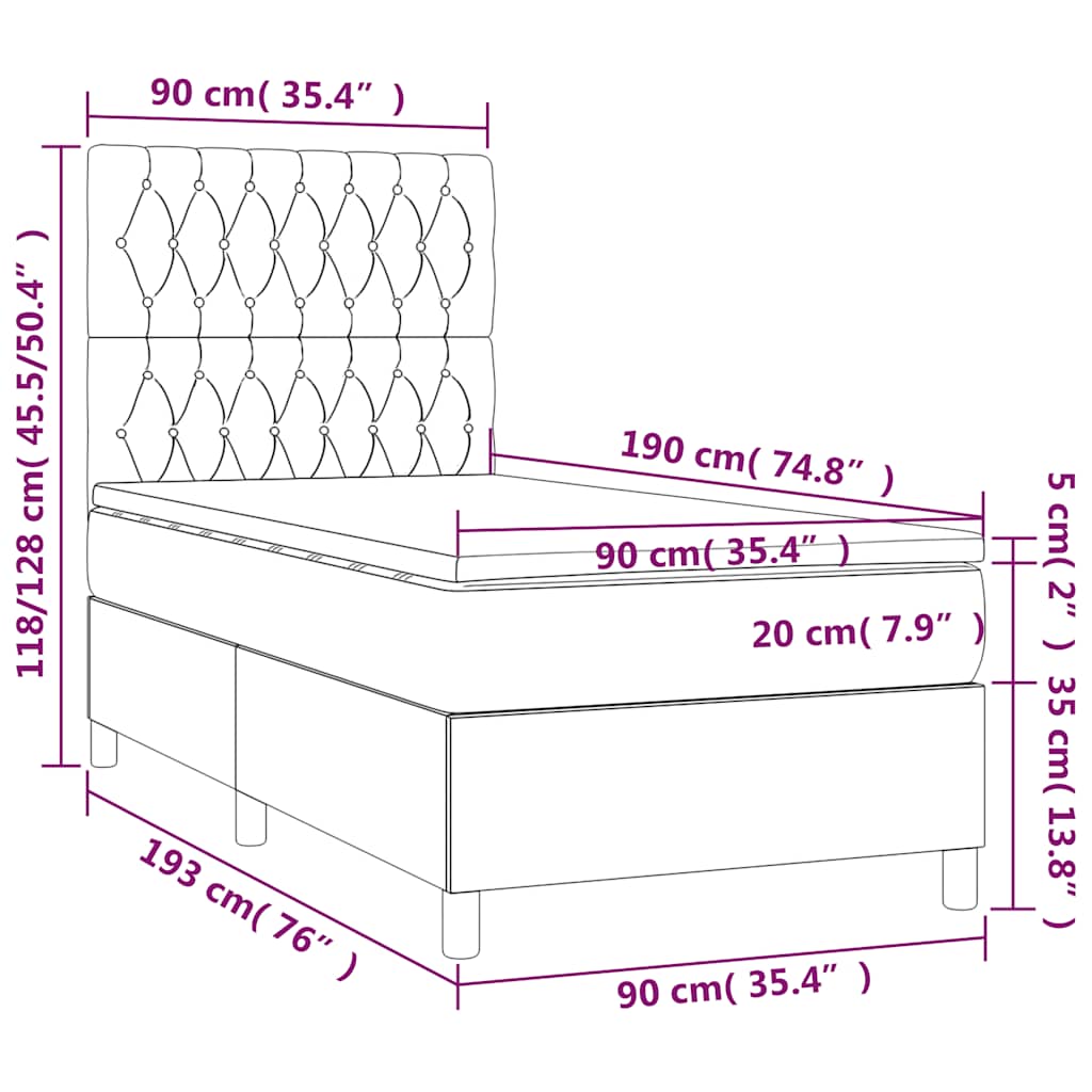 Κρεβάτι Boxspring με Στρώμα & LED Σκ. Μπλε 90x190 εκ. Βελούδινο