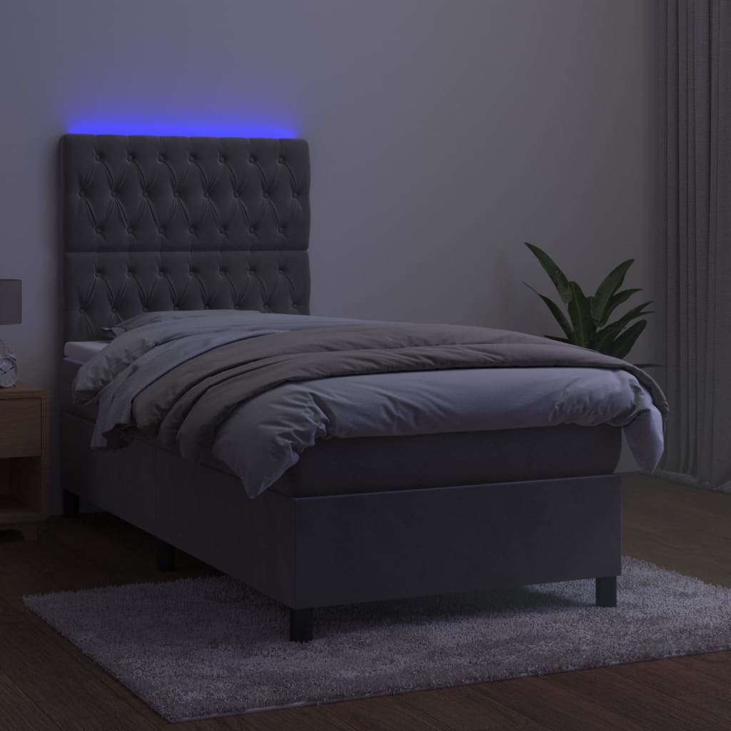 Κρεβάτι Boxspring με Στρώμα & LED Αν.Γκρι 90x200 εκ. Βελούδινο - Pakobazaar