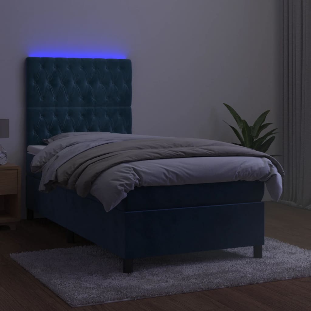 Κρεβάτι Boxspring με Στρώμα & LED Σκ. Μπλε 90x200 εκ. Βελούδινο