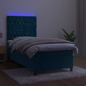 Κρεβάτι Boxspring με Στρώμα & LED Σκ. Μπλε 90x200 εκ. Βελούδινο - Pakobazaar