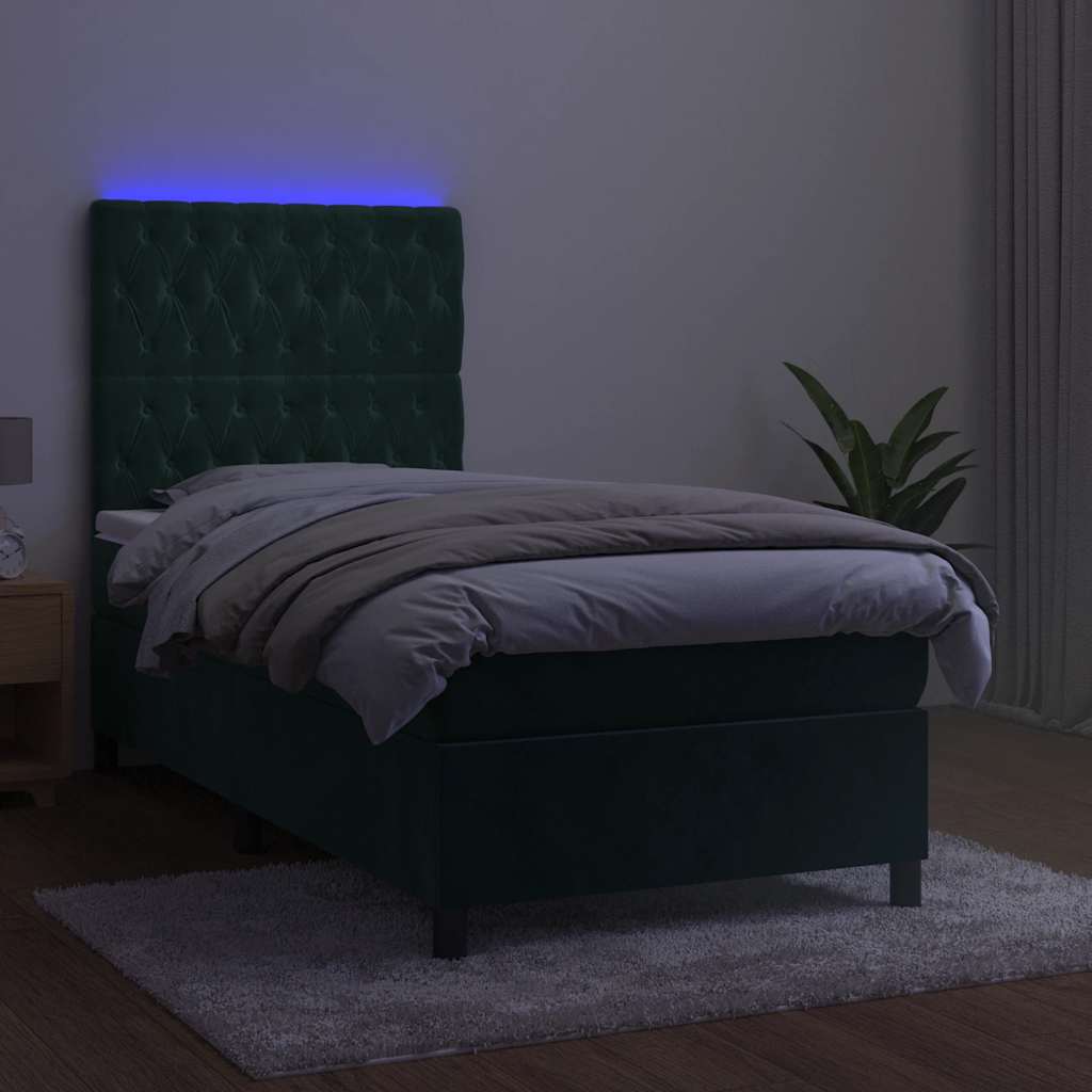 Κρεβάτι Boxspring με Στρώμα & LED Σκ. Πράσινο 100x200εκ Βελούδο