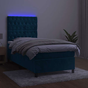 Κρεβάτι Boxspring με Στρώμα & LED Σκ. Μπλε 100x200εκ. Βελούδινο