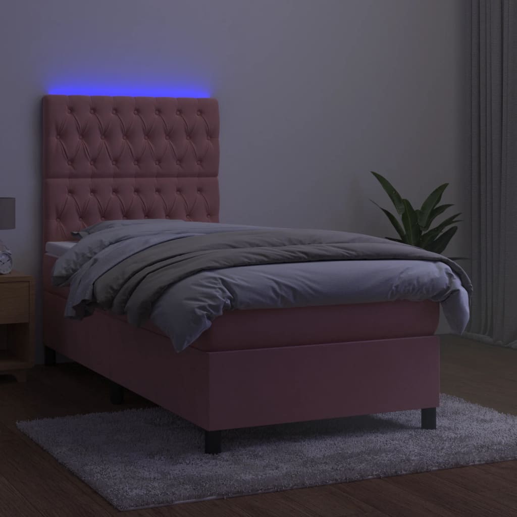 Κρεβάτι Boxspring με Στρώμα & LED Ροζ 100x200 εκ. Βελούδινο