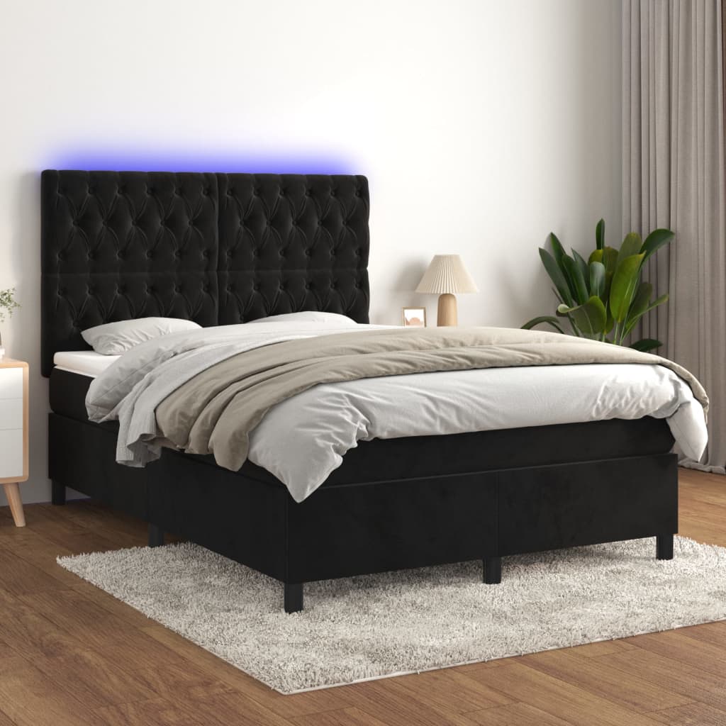 Κρεβάτι Boxspring με Στρώμα & LED Μαύρο 140x190 εκ. Βελούδινο