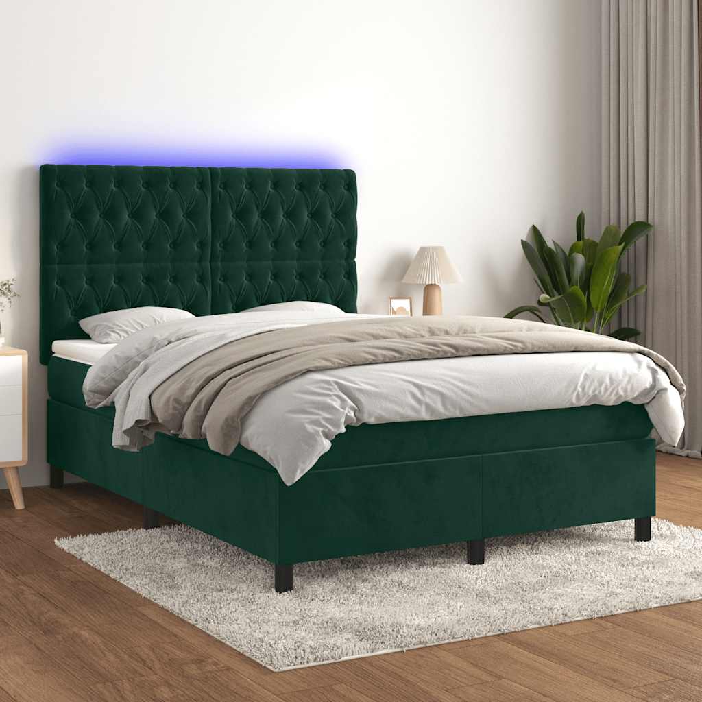 Κρεβάτι Boxspring με Στρώμα & LED Σκ. Πράσινο 140x190εκ Βελούδο