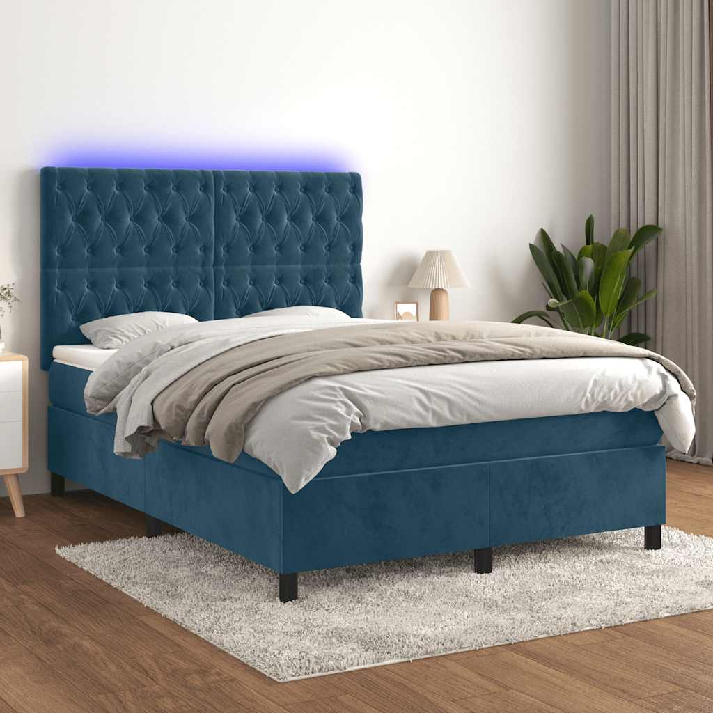 Κρεβάτι Boxspring με Στρώμα & LED Σκ. Μπλε 140x190εκ. Βελούδινο