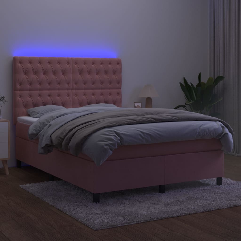 Κρεβάτι Boxspring με Στρώμα & LED Ροζ 140x190 εκ. Βελούδινο - Pakobazaar
