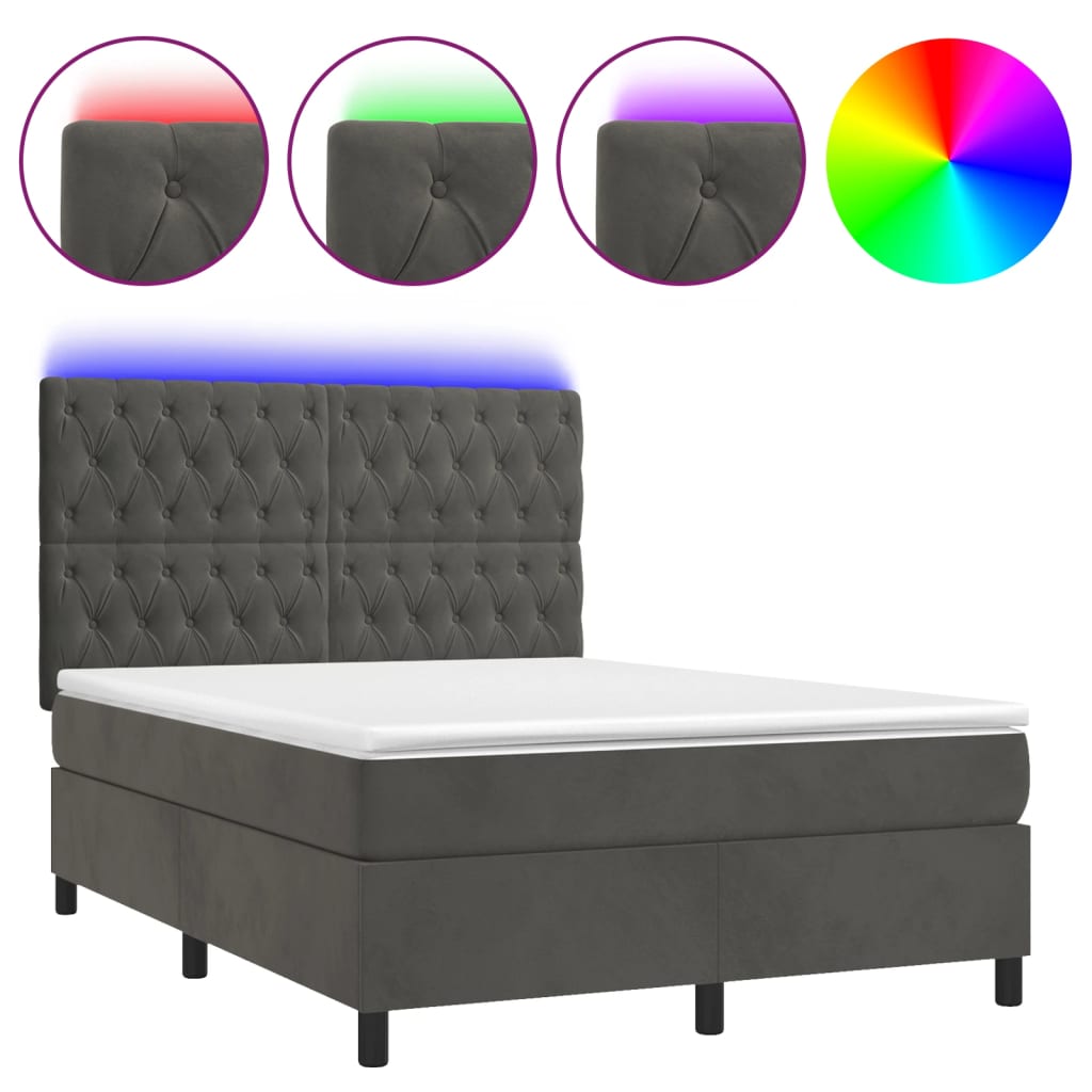 Κρεβάτι Boxspring με Στρώμα & LED Σκ. Γκρι 140x200εκ. Βελούδινο