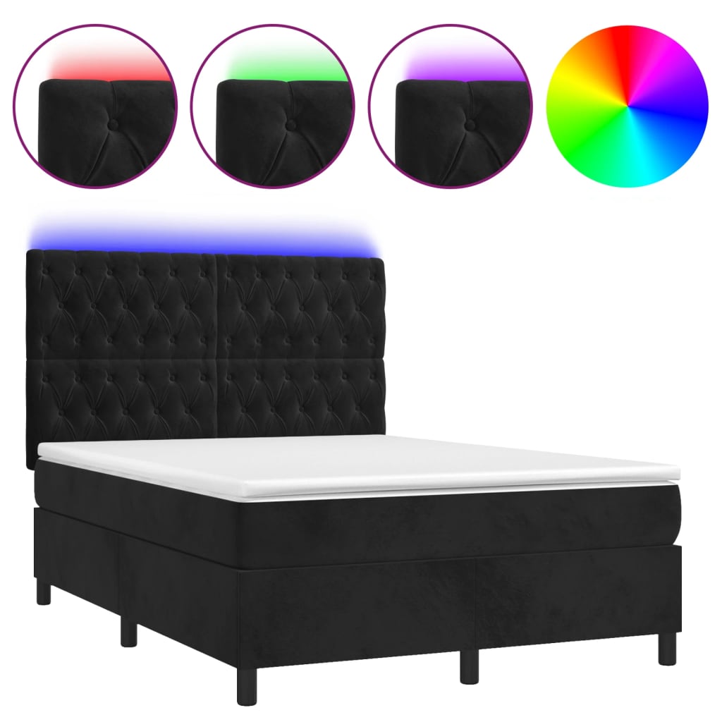 Κρεβάτι Boxspring με Στρώμα & LED Μαύρο 140x200 εκ. Βελούδινο