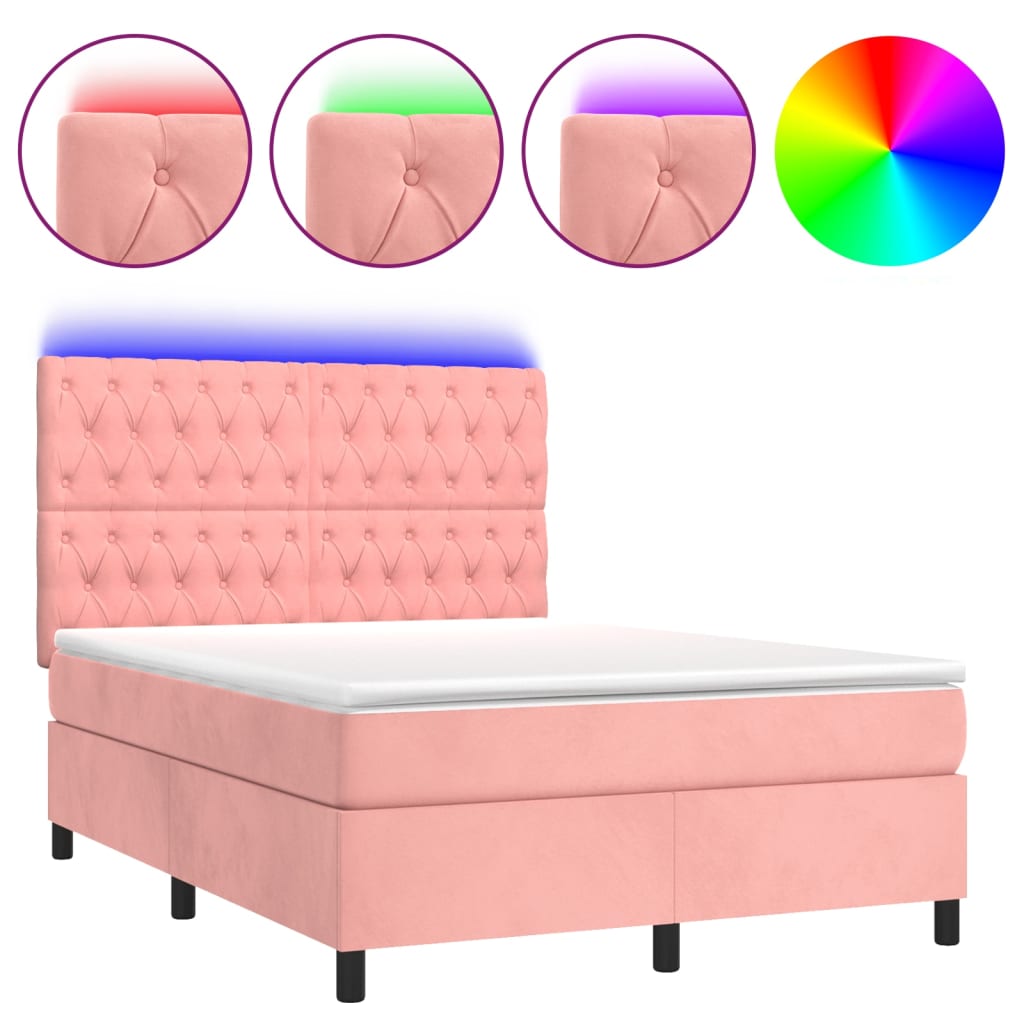 Κρεβάτι Boxspring με Στρώμα & LED Ροζ 140x200 εκ. Βελούδινο - Pakobazaar