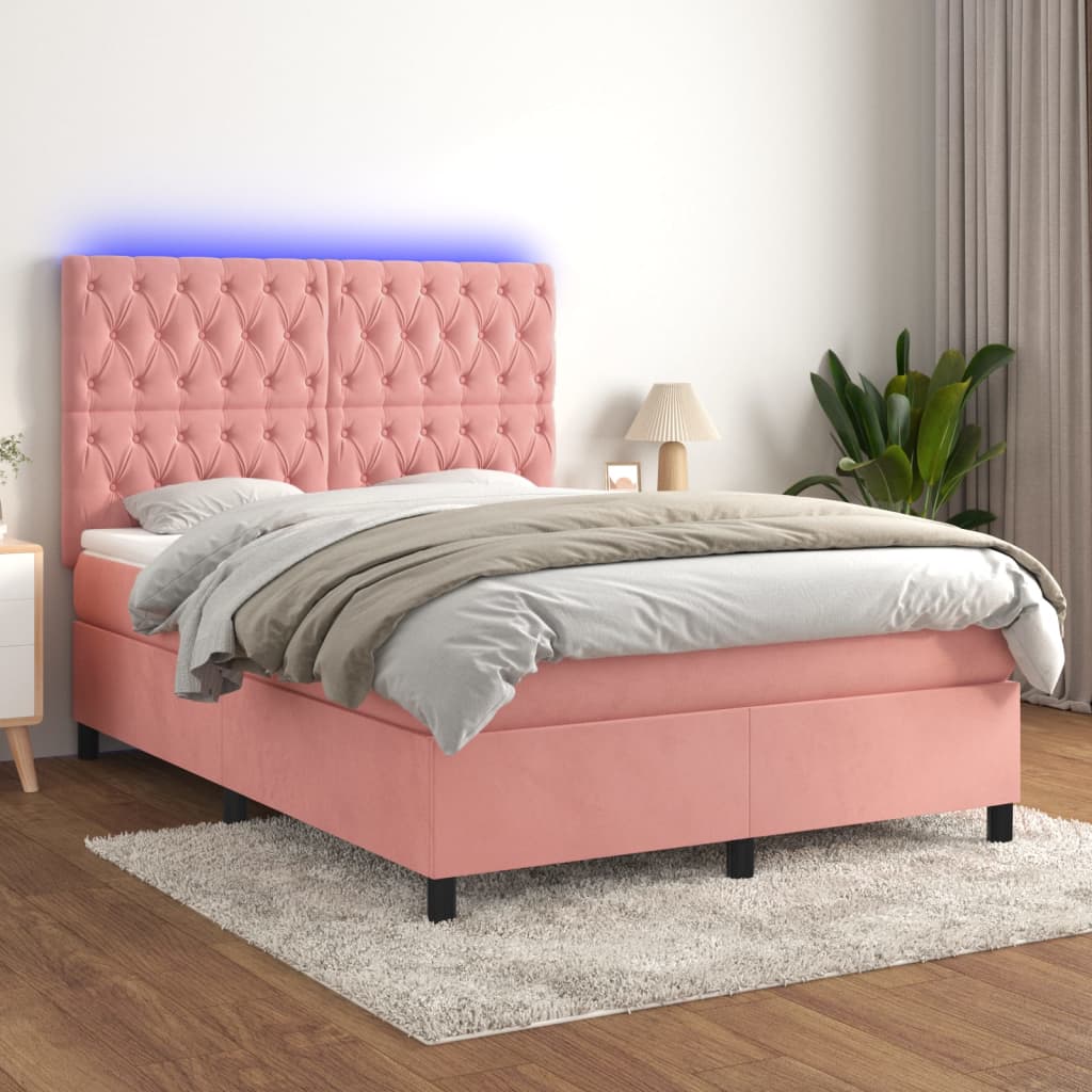 Κρεβάτι Boxspring με Στρώμα & LED Ροζ 140x200 εκ. Βελούδινο - Pakobazaar