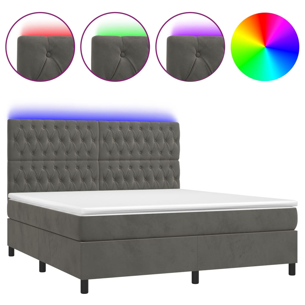 Κρεβάτι Boxspring με Στρώμα & LED Σκ. Γκρι 160x200εκ. Βελούδινο