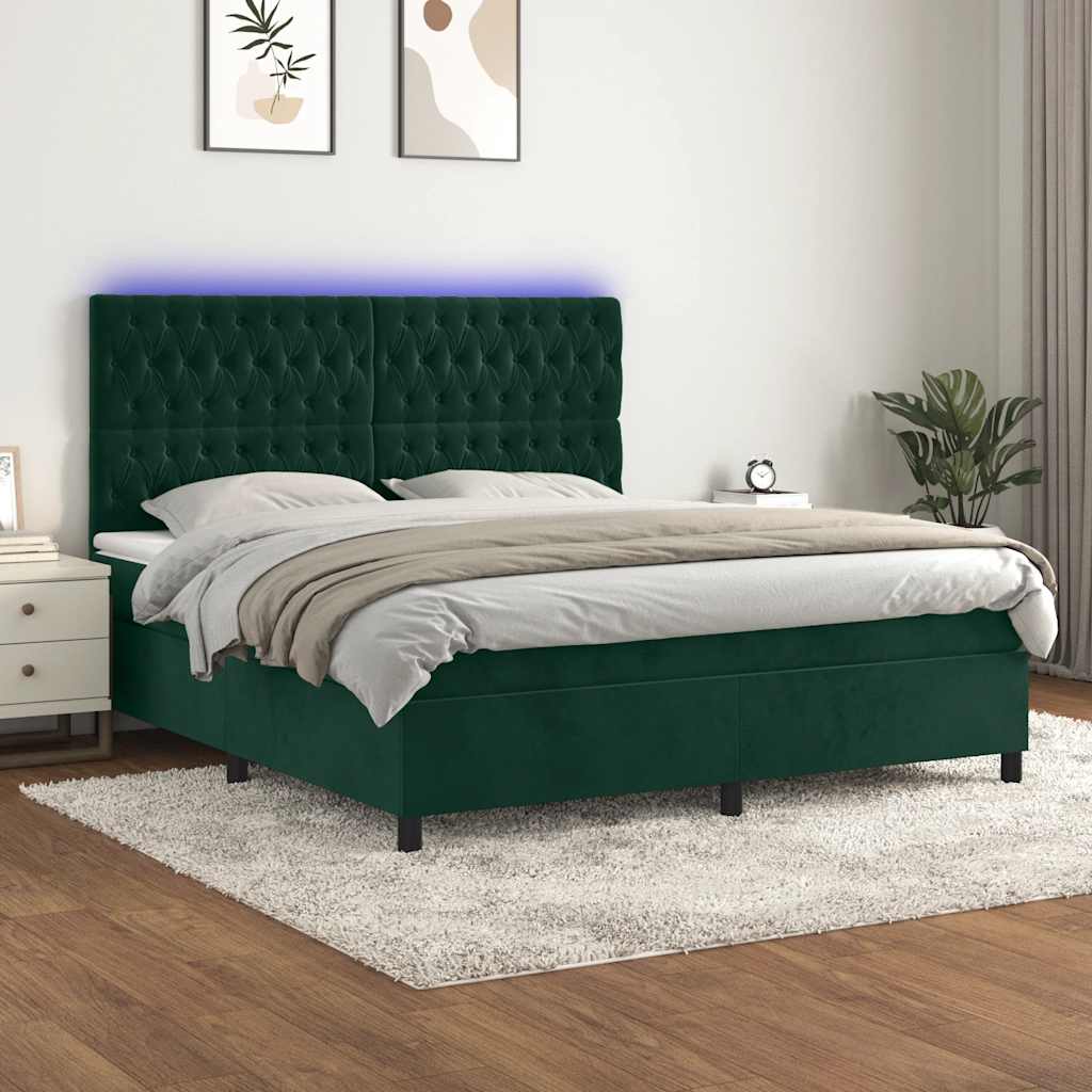 Κρεβάτι Boxspring με Στρώμα & LED Σκ. Πράσινο 160x200εκ Βελούδο