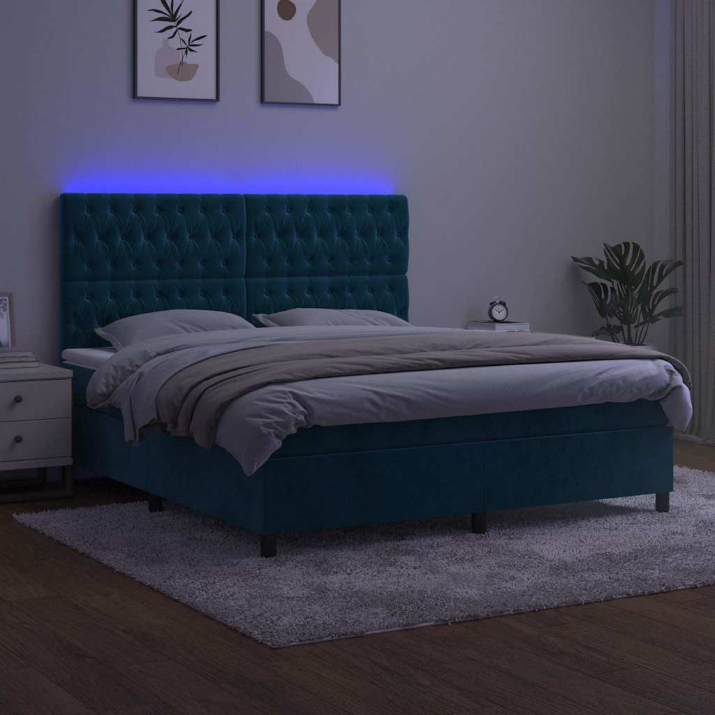 Κρεβάτι Boxspring με Στρώμα & LED Σκ. Μπλε 180x200εκ. Βελούδινο