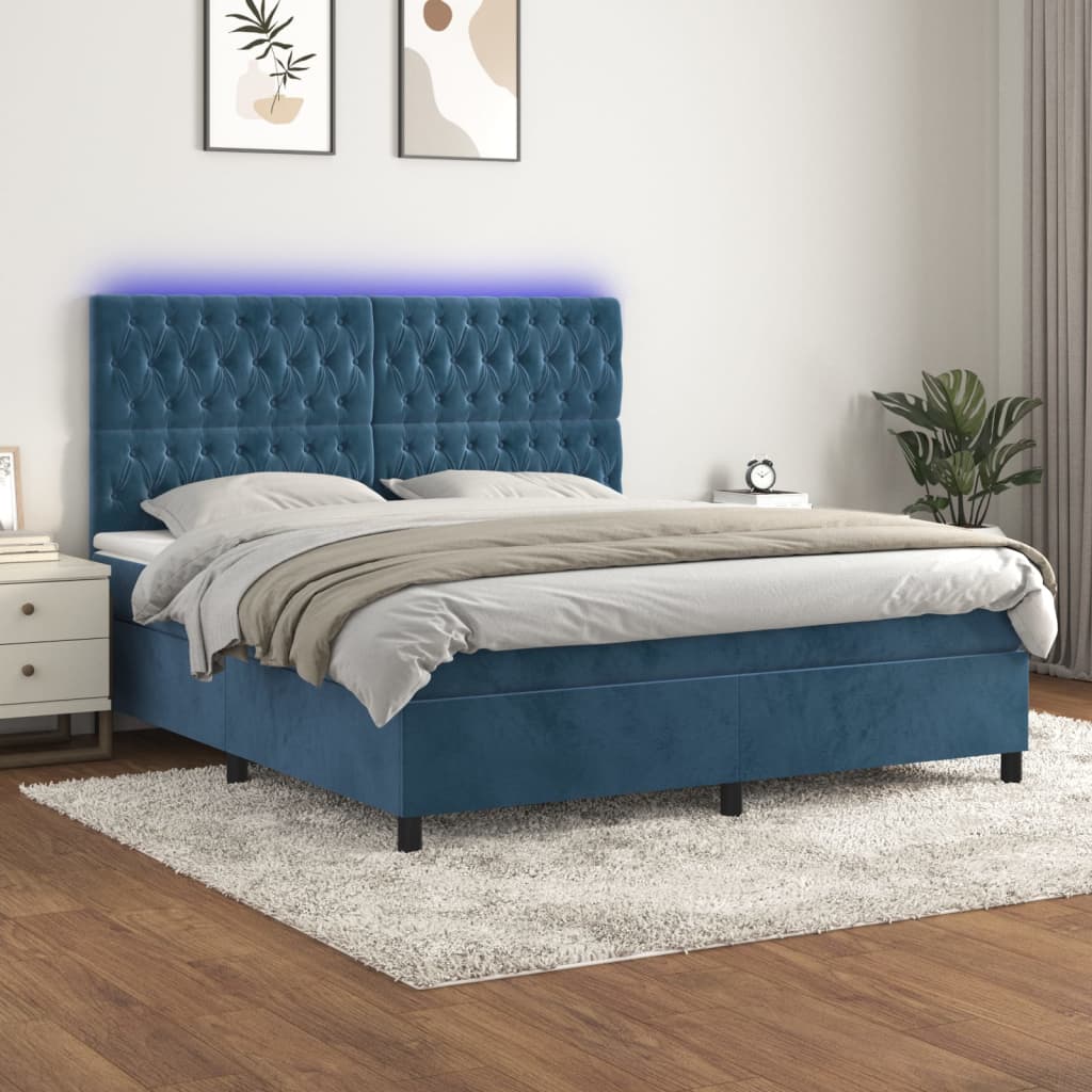 Κρεβάτι Boxspring με Στρώμα & LED Σκ. Μπλε 180x200εκ. Βελούδινο