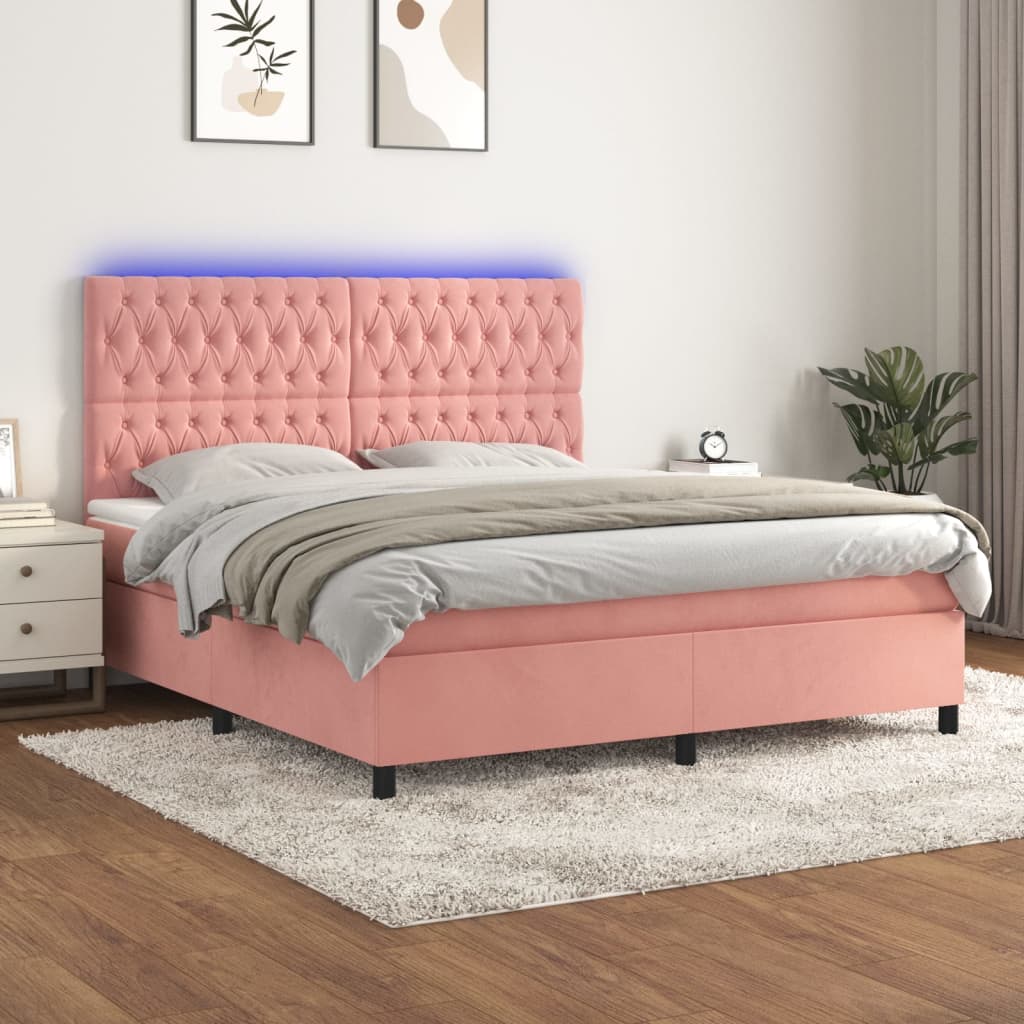 Κρεβάτι Boxspring με Στρώμα & LED Ροζ 180x200 εκ. Βελούδινο