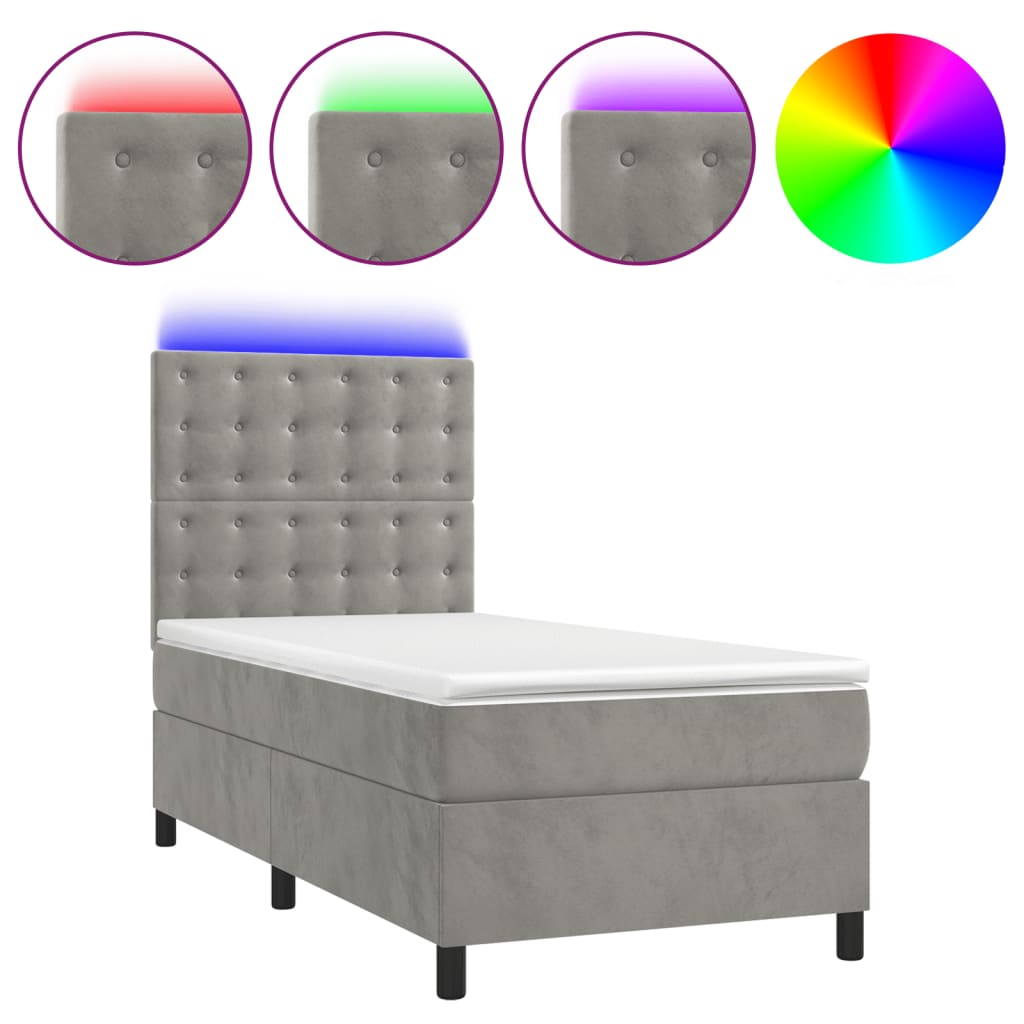 Κρεβάτι Boxspring με Στρώμα & LED Αν.Γκρι 90x190 εκ. Βελούδινο