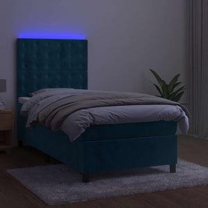 Κρεβάτι Boxspring με Στρώμα & LED Σκ. Μπλε 90x190 εκ. Βελούδινο
