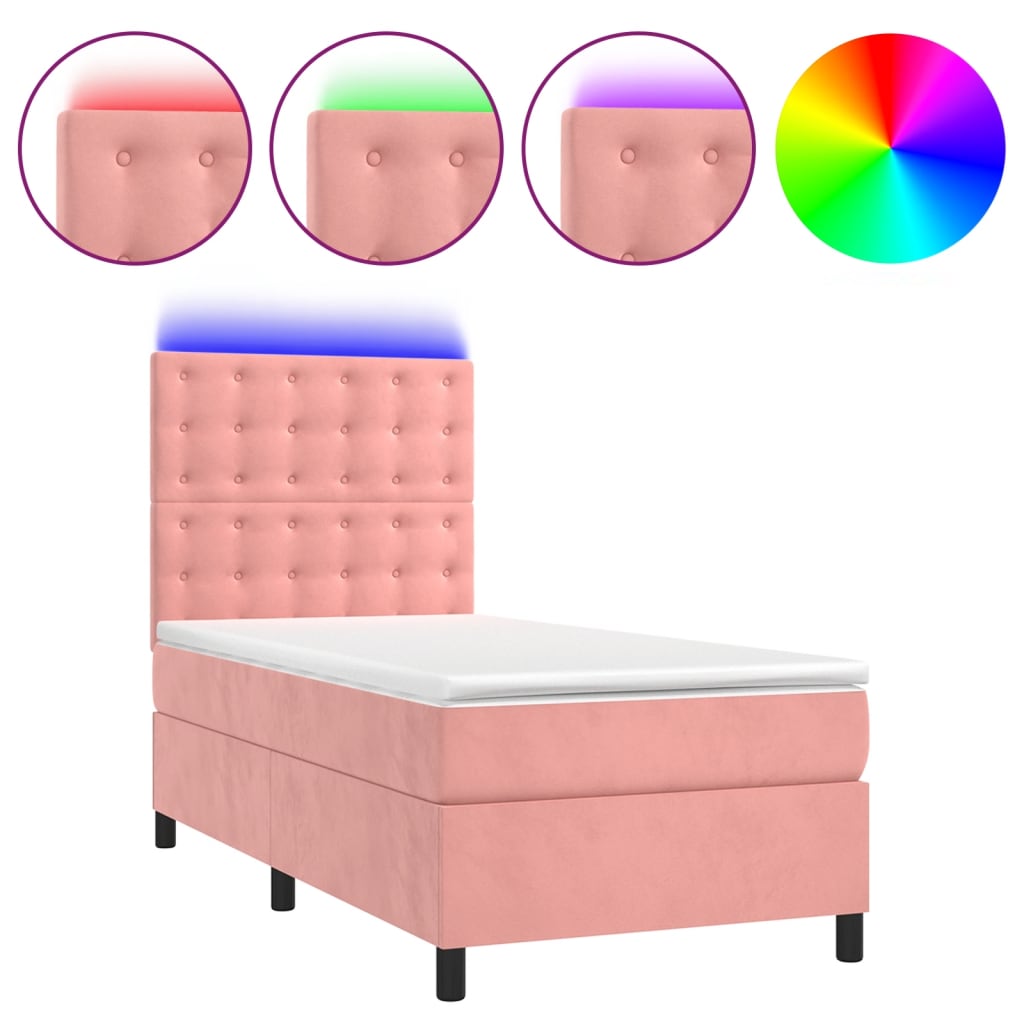 Κρεβάτι Boxspring με Στρώμα & LED Ροζ 90x190 εκ. Βελούδινο