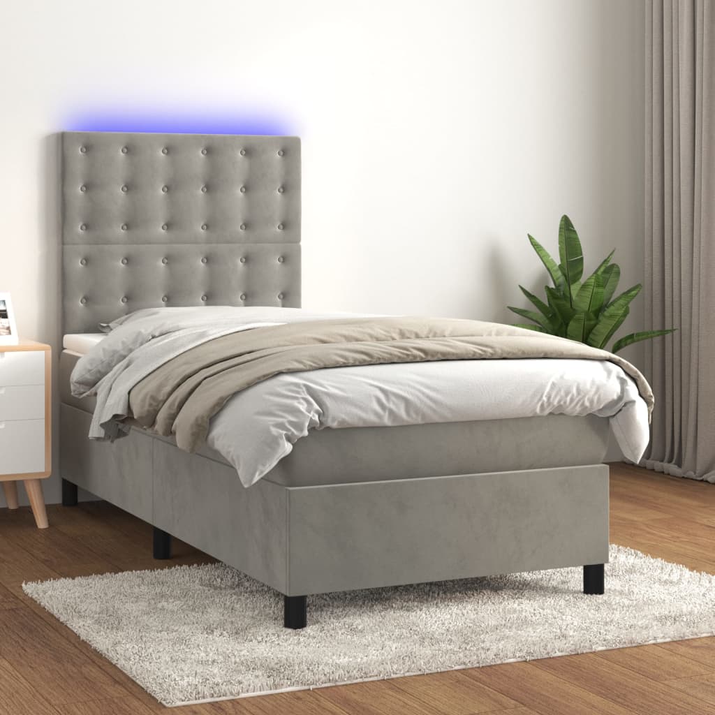 Κρεβάτι Boxspring με Στρώμα & LED Αν.Γκρι 90x200 εκ. Βελούδινο - Pakobazaar
