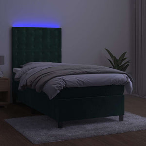 Κρεβάτι Boxspring με Στρώμα & LED Σκ. Πράσινο 90x200 εκ Βελούδο